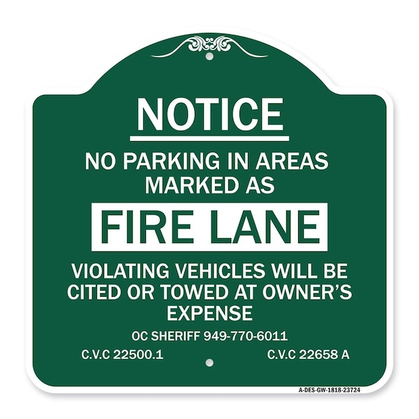Signmission No Parking in Areas Marked as Fire Lane CVC Section 22500.1 and 22658 A, A-DES-GW-1818-23724 A-DES-GW-1818-23724 - main